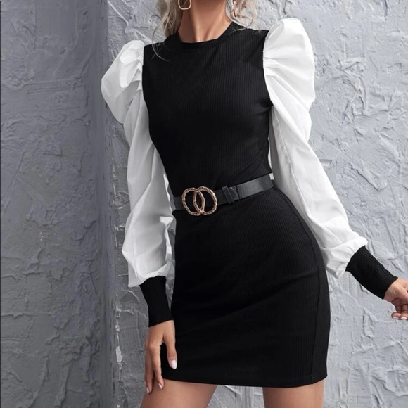 Colorblock Lantern Sleeve Rib-knit Dress - Picture 4 of 6